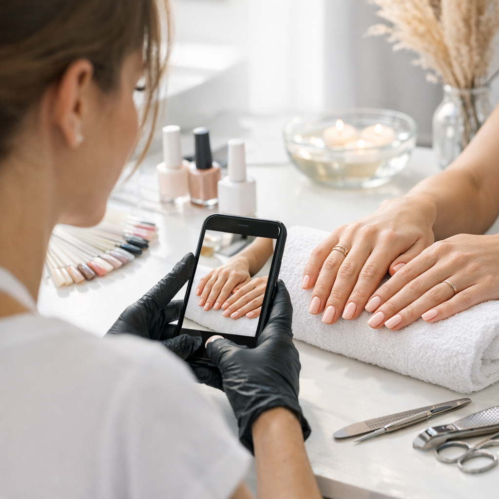 Nail technician capturing her work in natural light