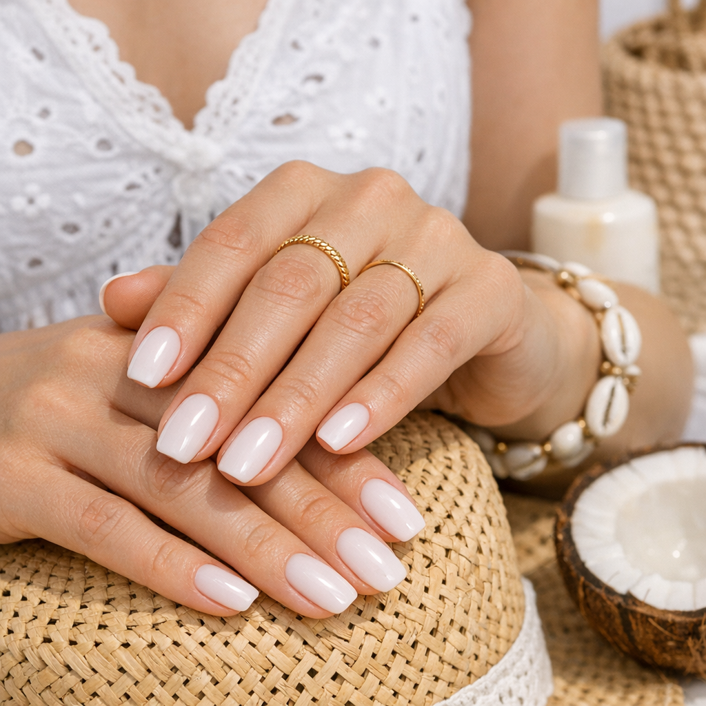 Coconut-milk nails with summer outfit