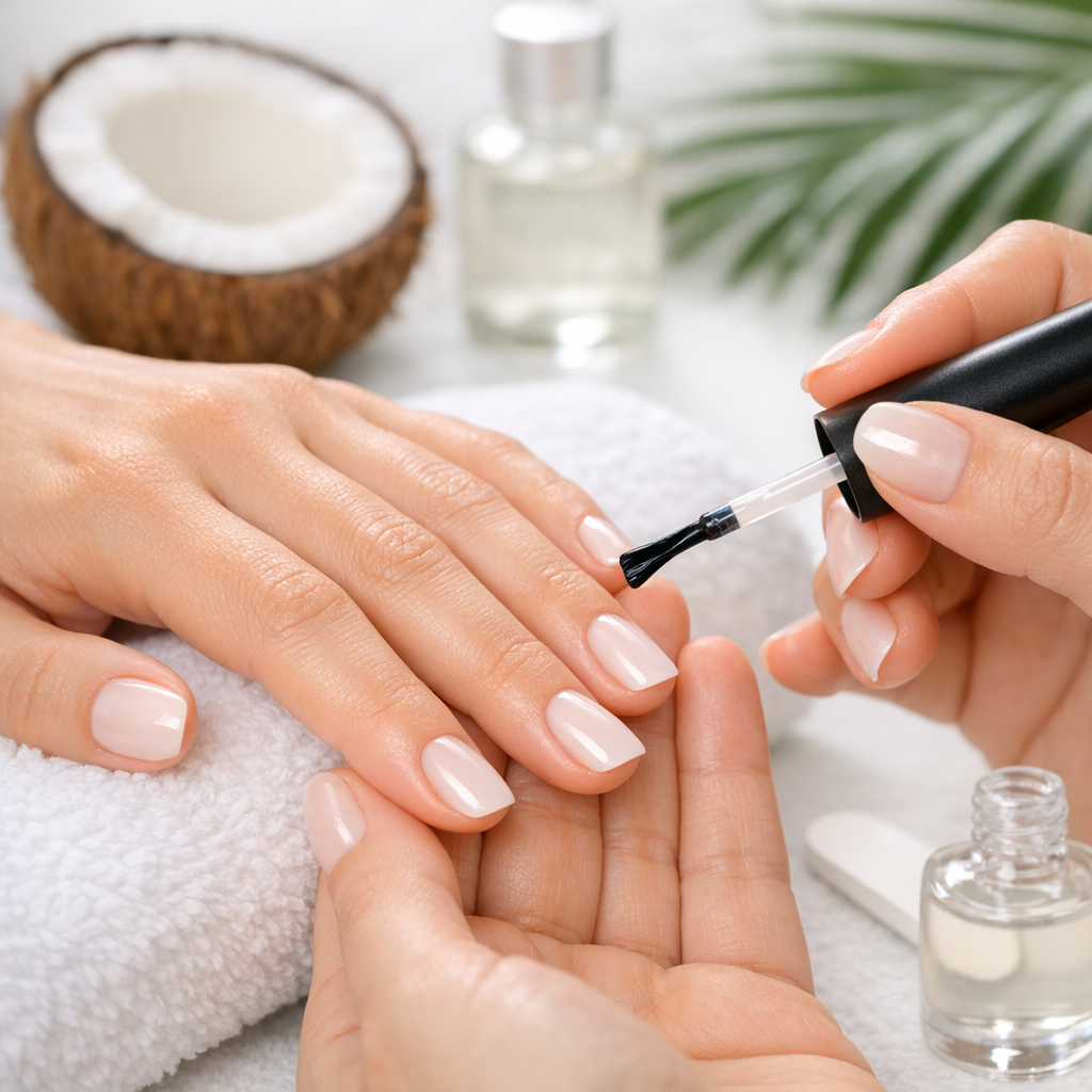 Nail technician applying top coat